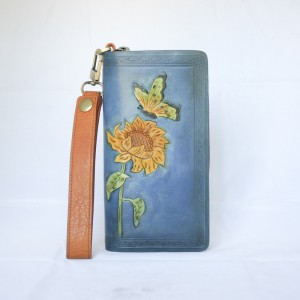 Hand Carved Leather Clutch Sunflower and Butterfly WZ 021