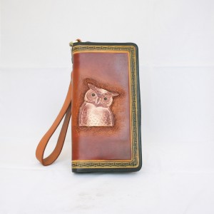 Hand Carved Leather Clutch Owl WZ 016